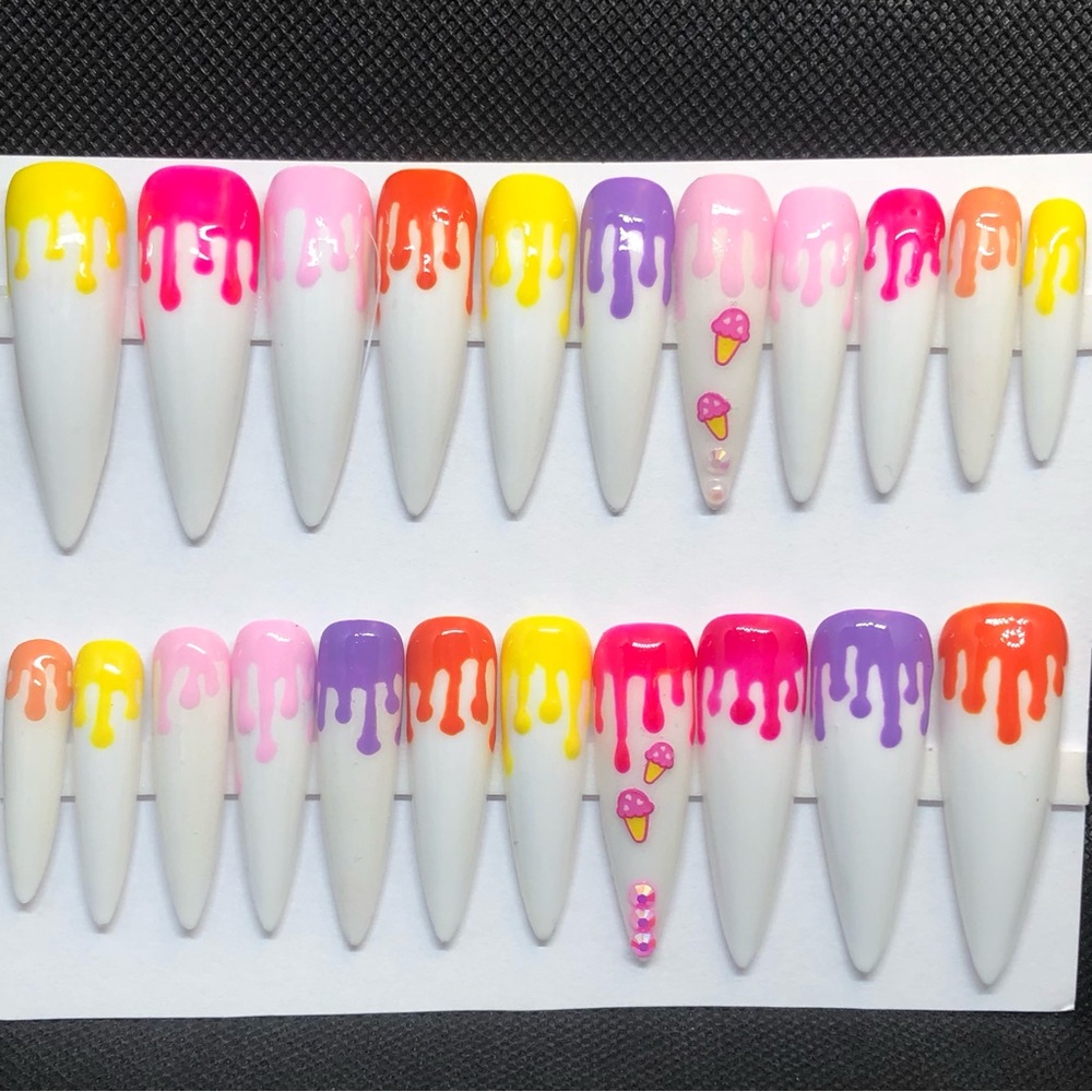 Custom Handmade Press On Nails UV Gel 2X Long Stiletto Ice Cream Melting Nails